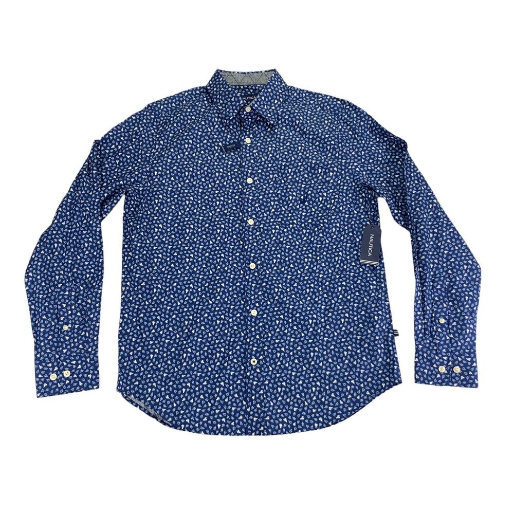 Nautica Mens Classic Fit Pocket Leaf Print Stretch Button Down Shirt Blue S